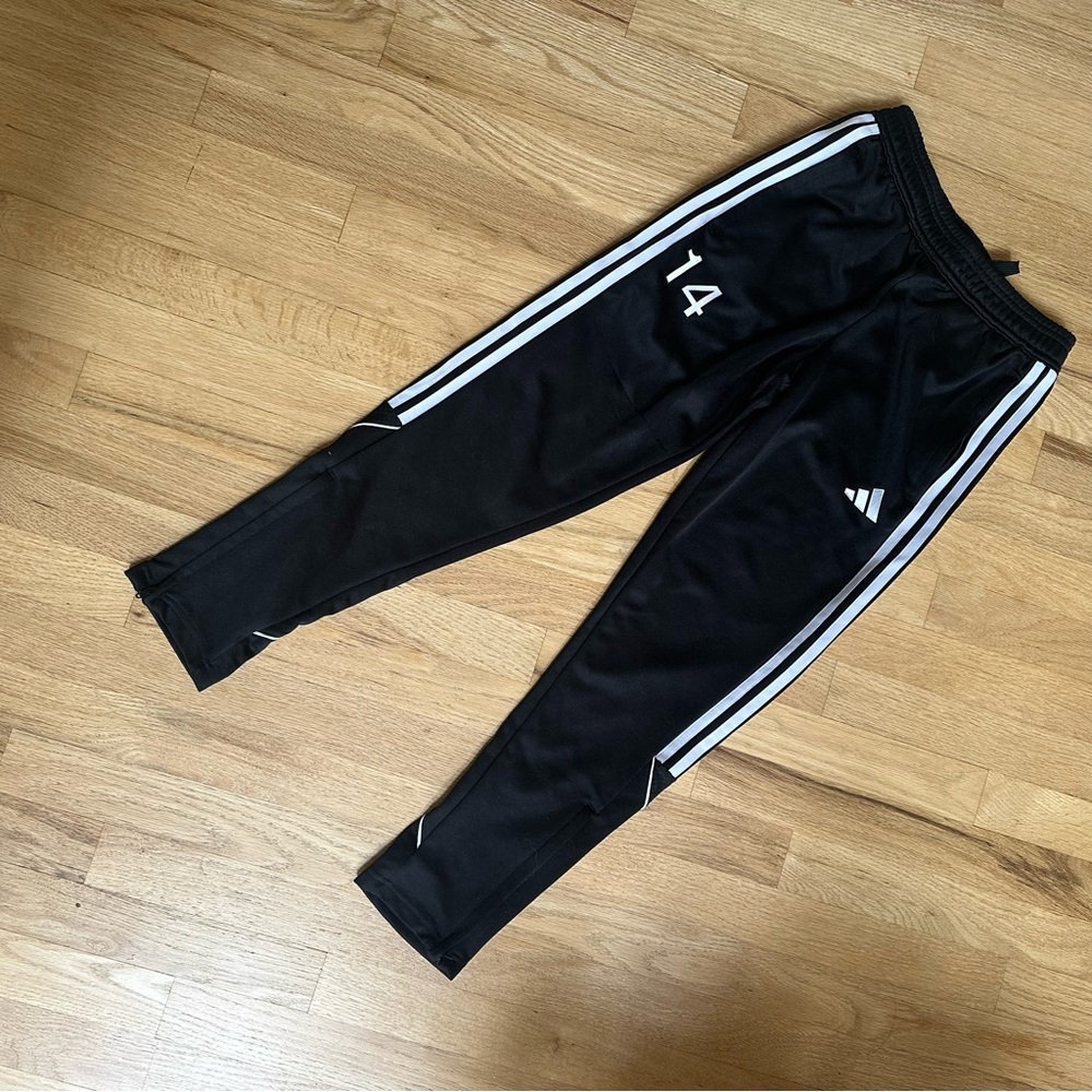 adidas Kids Black Joggers warm up pants with White Stripes zippered ankle 11-12